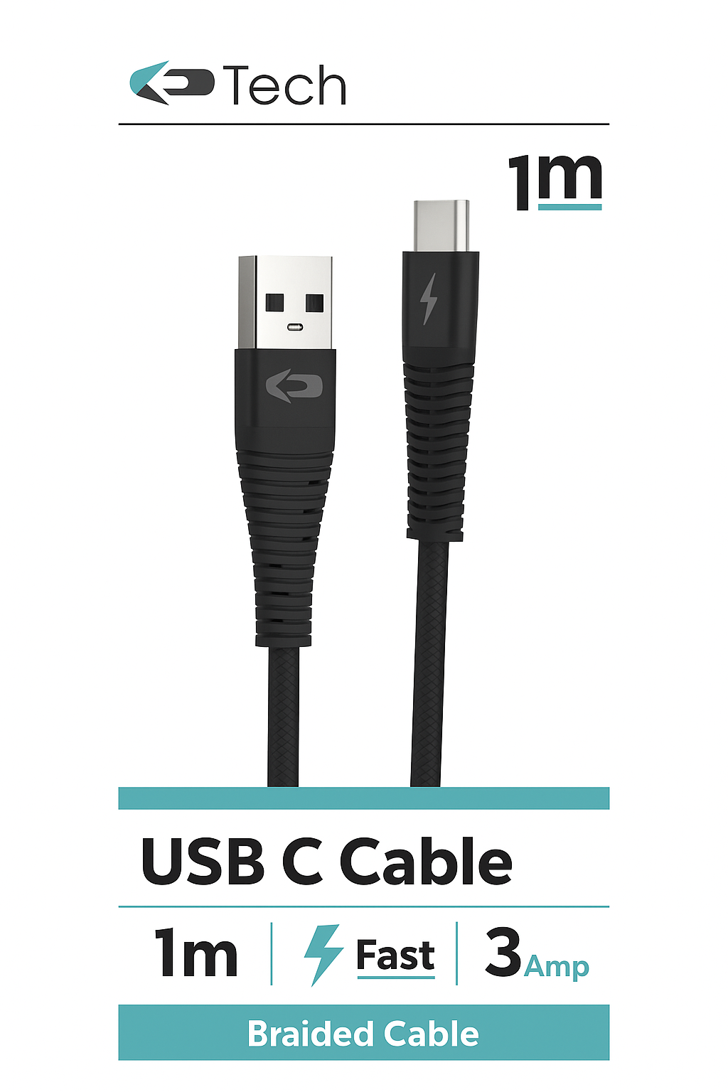 4507 USB C 1M BRAIDED CABLE BLACK - Image 1