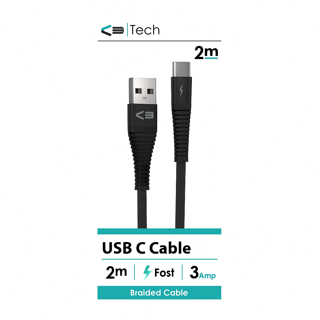 4508 USB C 2M BRAIDED CABLE BLACK - Image 1