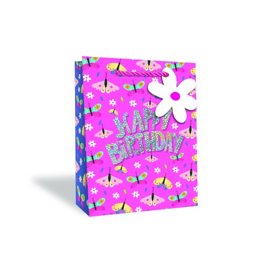 56 GIFT BAG – GIRLS BUTTERFLIES HAPPY BIRTHDAY MEDIUM - Image 1