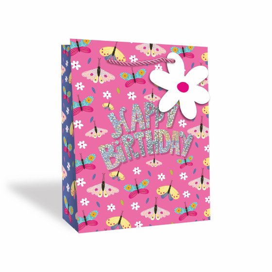 57 GIFT BAG – GIRLS BUTTERFLIES HAPPY BIRTHDAY LARGE - Image 1