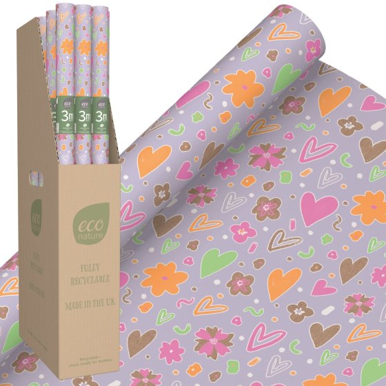 58 ECO NATURE HEARTS AND FLOWERS GIFT WRAP ROLL 3M - Image 1