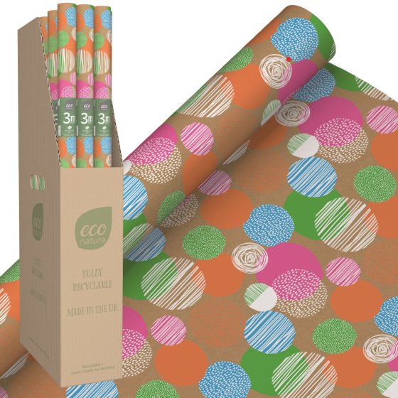 60 ECO NATURE NEON SPOTS GIFT WRAP ROLL 3M - Image 1