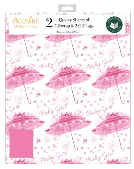 78 BABY GIRL PINK BROLLY GIFT WRAP SET - Image 1
