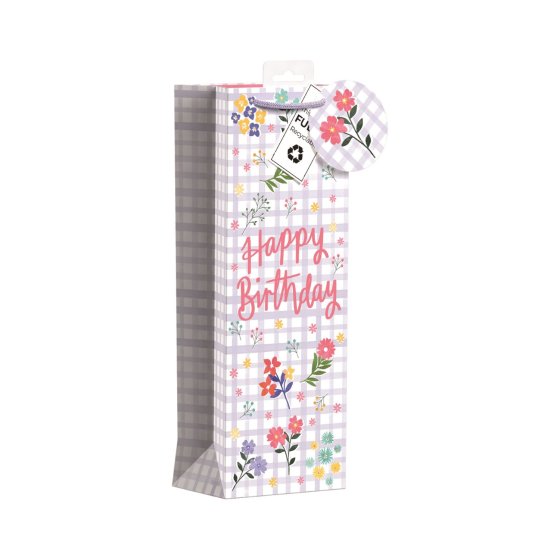 89 GIFT BAG – GINGHAM HAPPY BIRTHDAY (BOTTLE SIZE) - Image 1